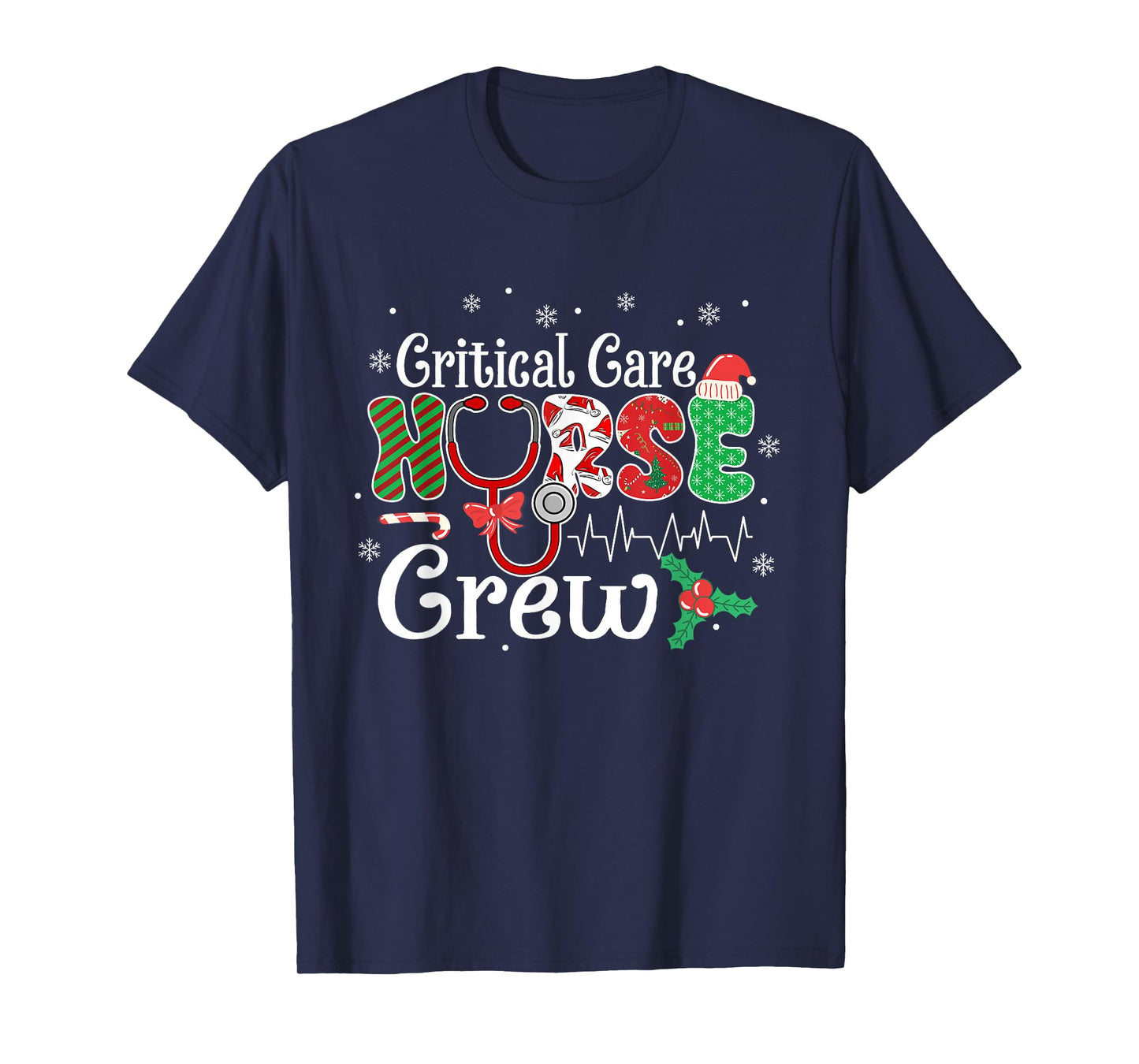 Critical Care Nurse Crew Stethoscope Santa Hat Christmas T-Shirt