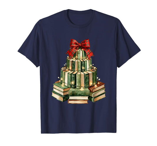 Christmas Book Tree Coquette Bow Xmas Reading Librarian Girl T-Shirt