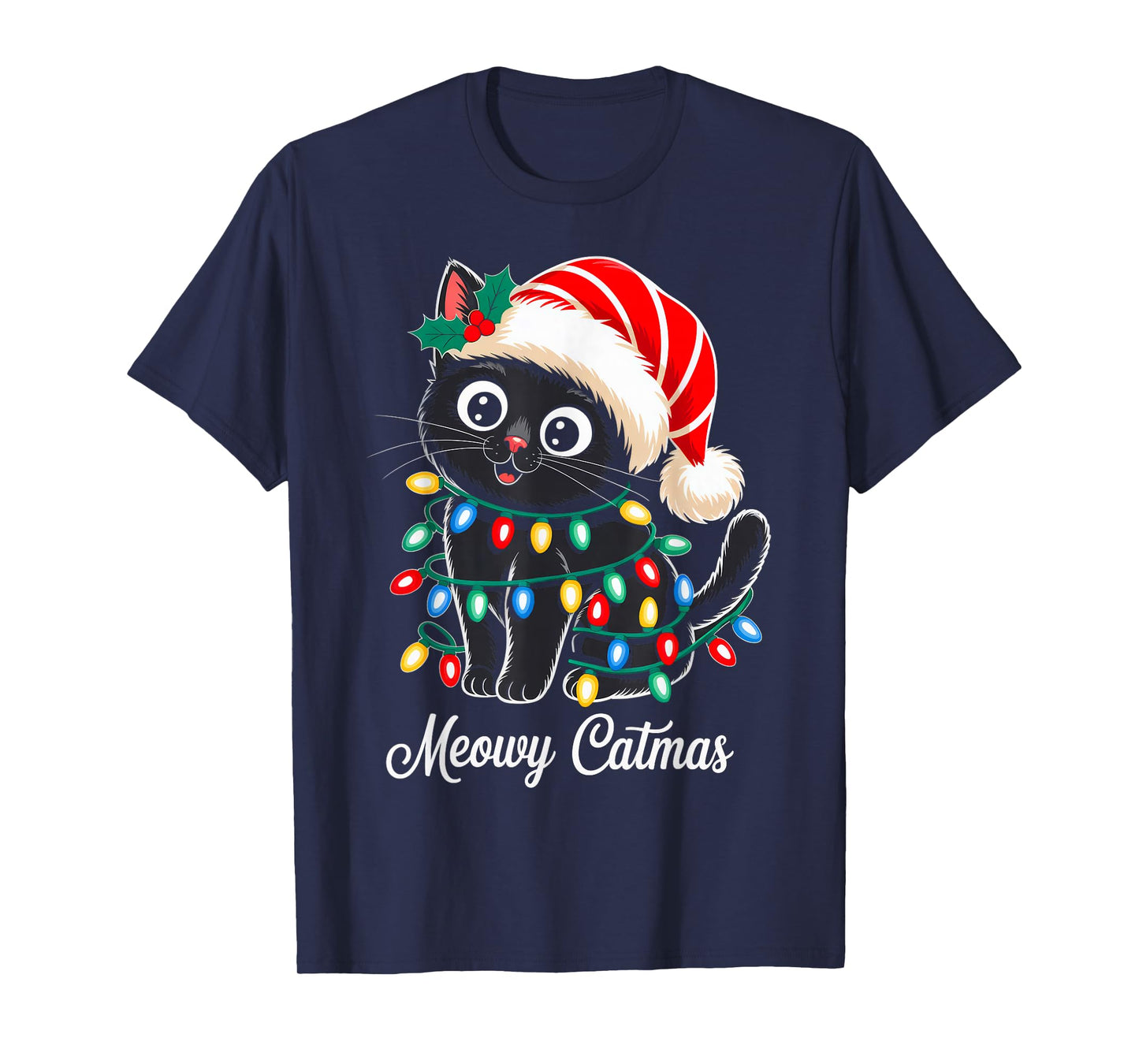 Cute Black Cat Christmas Lights Santa Hat Xmas Meowy Catmas T-Shirt