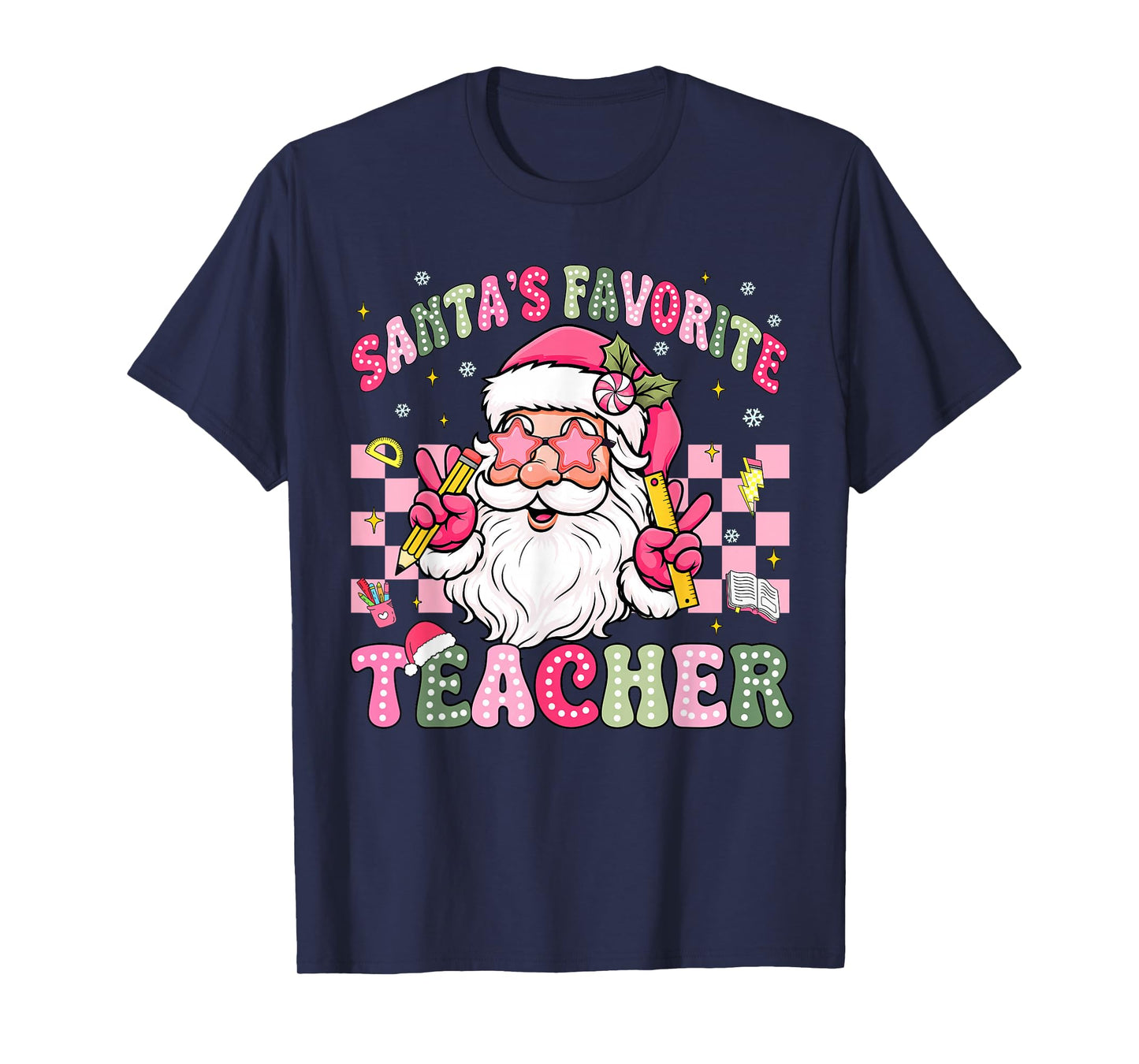 Santa's Favorite Teacher Groovy Christmas Teacher Boys Girls T-Shirt