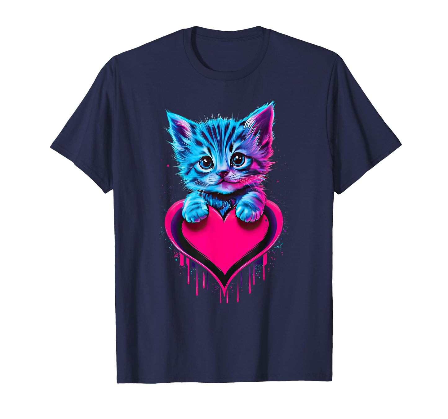 Funny Blacklight Glitch Art Cute Cat Kitten Valentine Heart Men Women Girls Kids T-Shirt