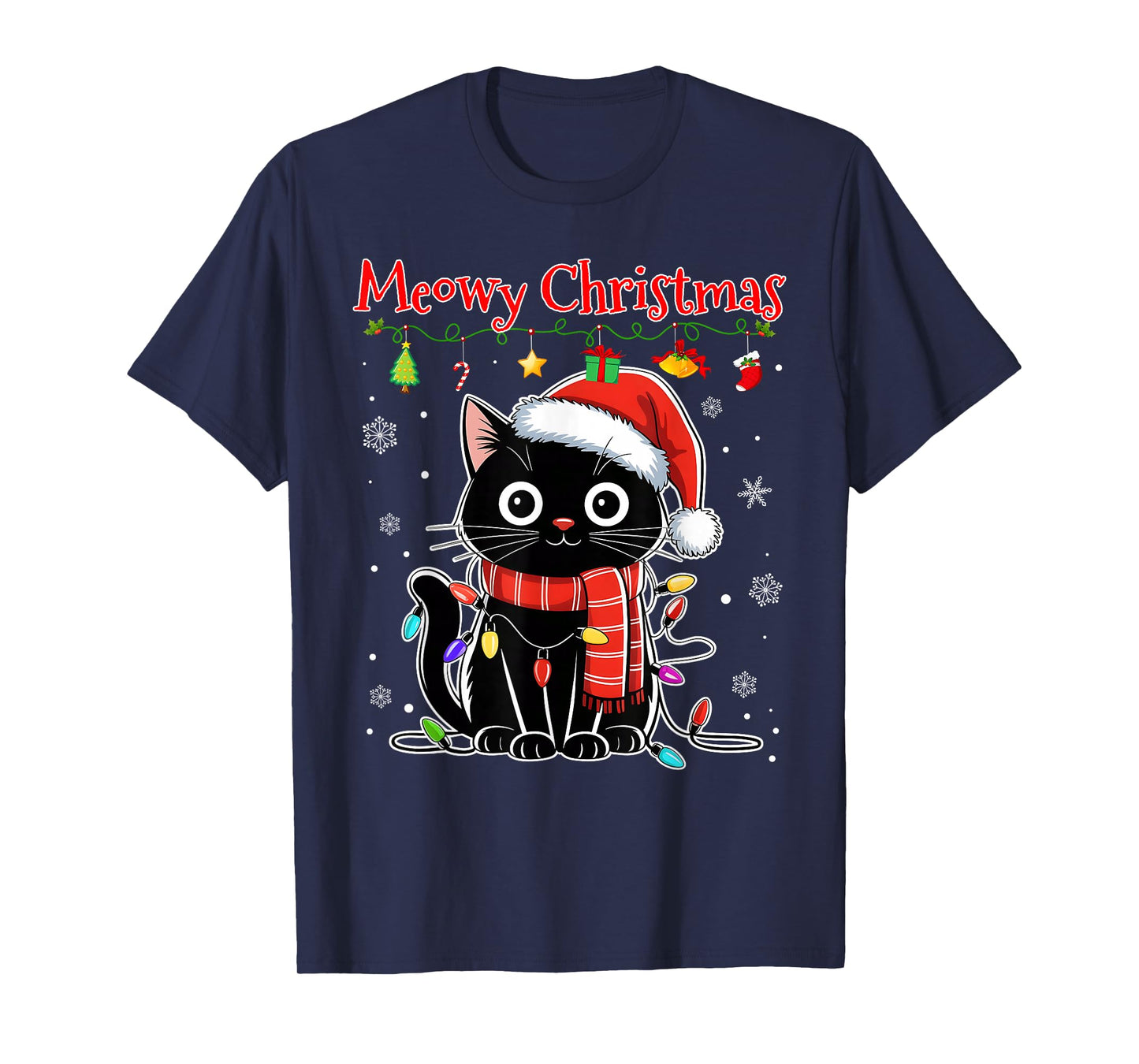 Funny Meowy Christmas Black Cat Xmas Lights Pajamas Family T-Shirt