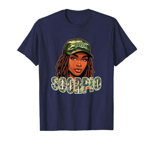 Scorpio Queen Black Woman Camo Hat Locs Birthday T-Shirt
