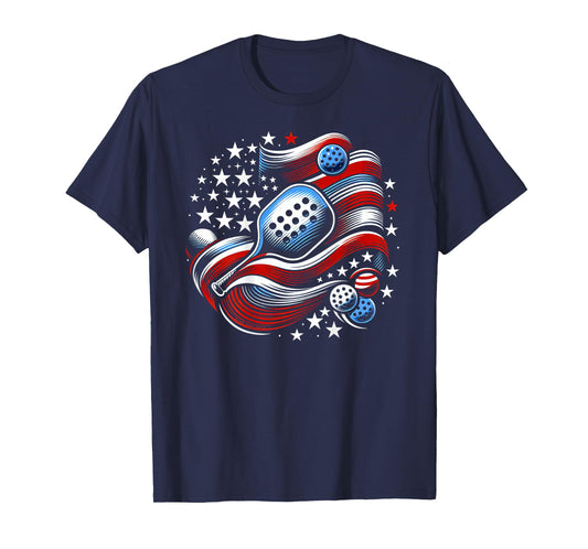 Design on Back Patriotic Stars Stripes USA Flag Pickleball T-Shirt