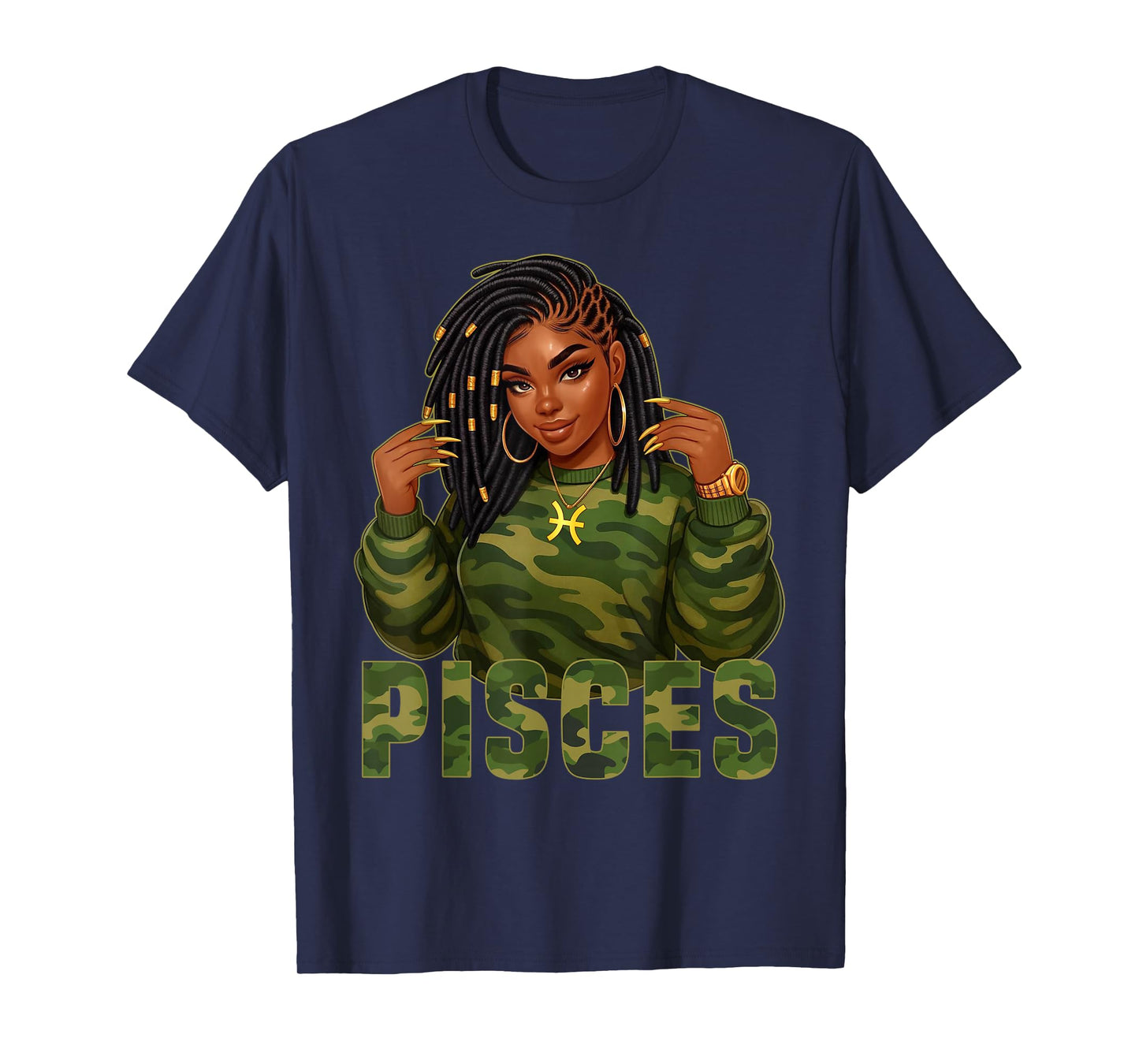 Pisces Queen Loc'd Black Woman Camo Zodiac Sign T-Shirt