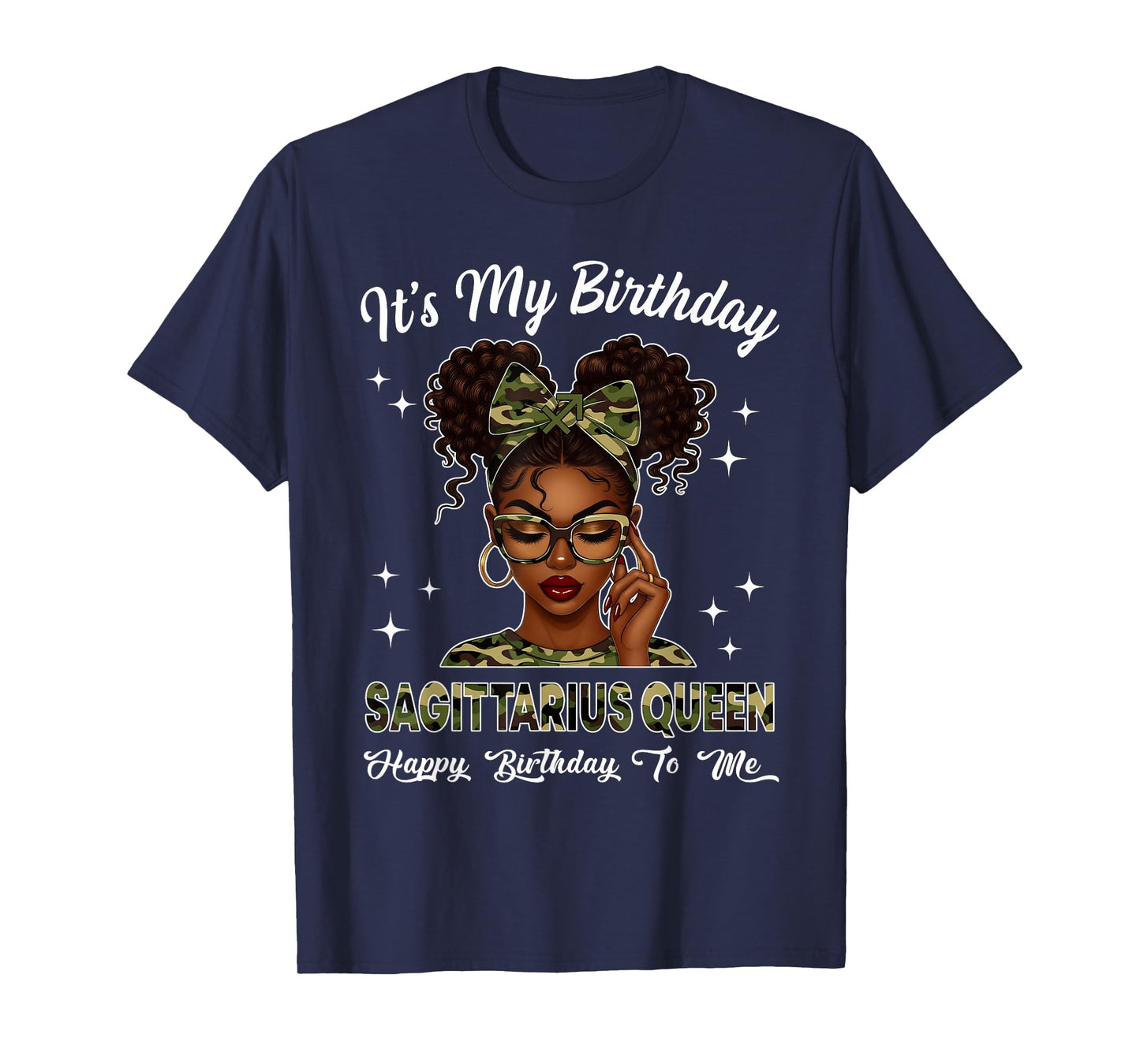 It's My Birthday Sagittarius Queen Camo Bow Afro Black Girl T-Shirt