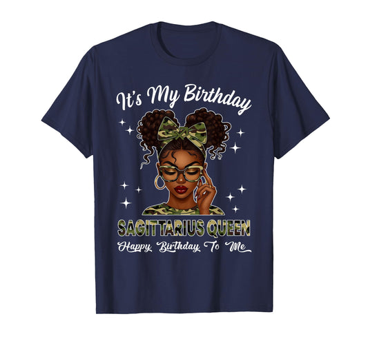 It's My Birthday Sagittarius Queen Camo Bow Afro Black Girl T-Shirt