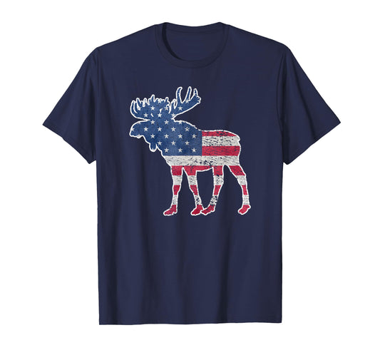 Moose USA Flag T-Shirt Colorful Retro Vintage Gift T-Shirt for Women Kids Men