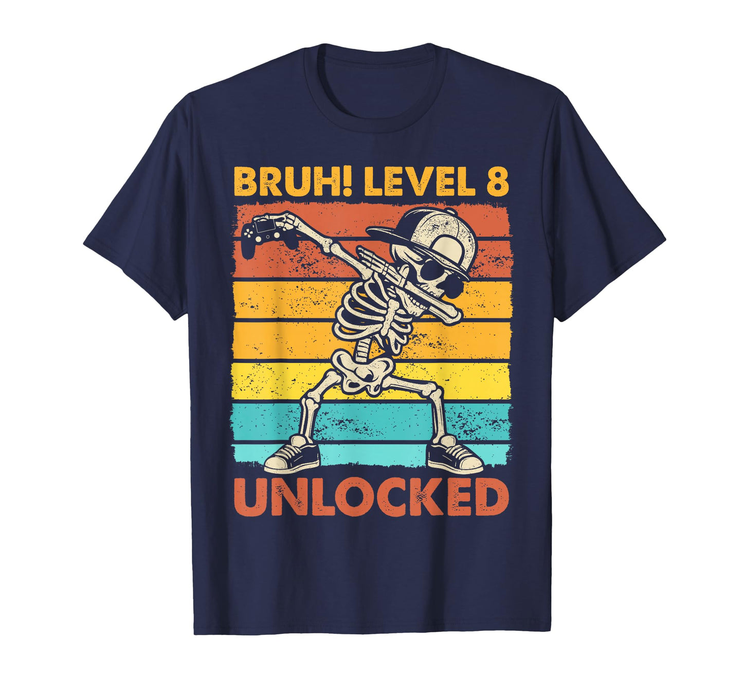 Bruh Level 8 Unlocked Skeleton Gamer 8th Birthday Boy Kids T-Shirt