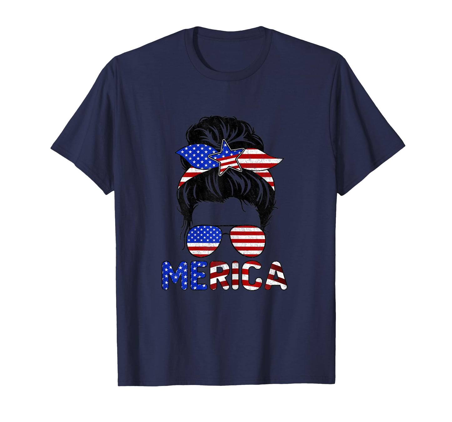 Womens Messy Bun Merica Sunglasses Women Girls USA Flag 4th of July T-Shirt