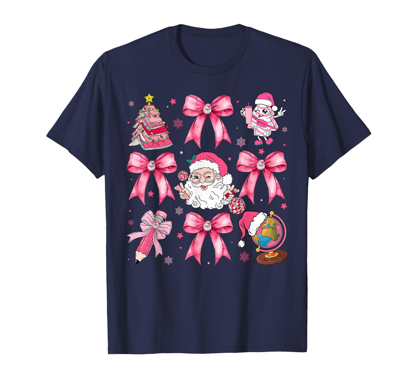 Merry Christmas Pink Santa Coquette Bow Teacher Girl Women T-Shirt