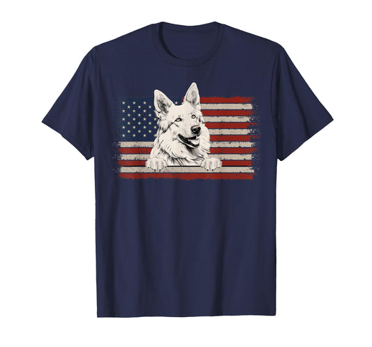 Patriotic White Swiss Shepherd American Flag USA 4th of July T-Shirt