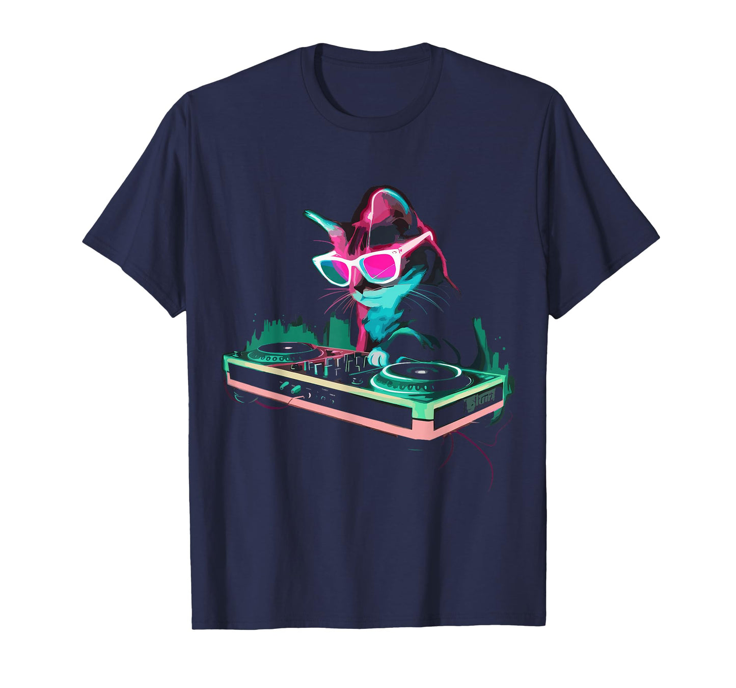 House DJ Cat Rainbow DJ Cat Kitty on Turntable Disco DJ Cat T-Shirt, Small, Black