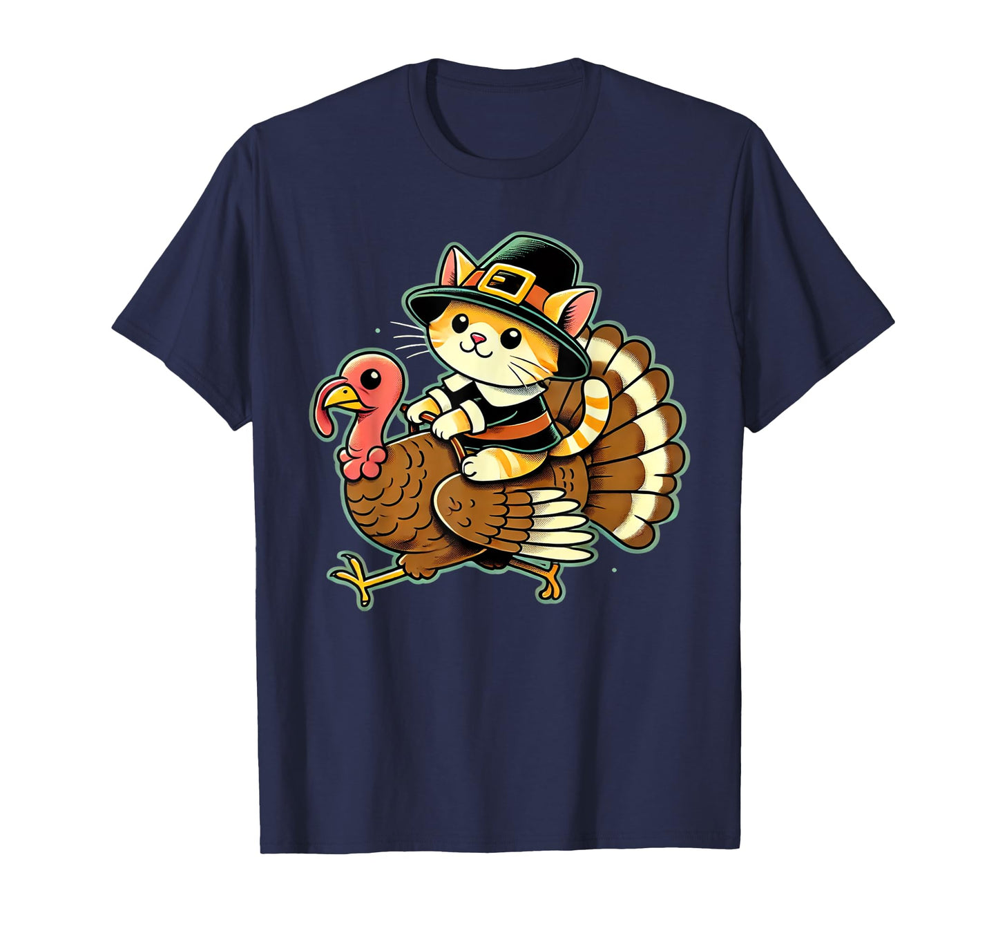 Cute Cat Pilgrim Costume And Turkey Funny Thanksgiving Retro T-Shirt for Men Women Girls Kids
