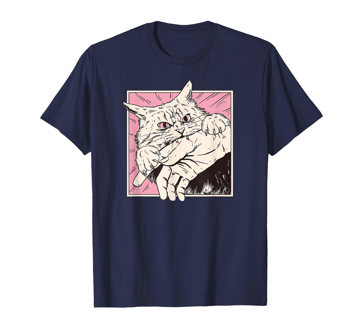 Cat Bite Retro Horror Graphic Japanese Manga Style Funny T-Shirt