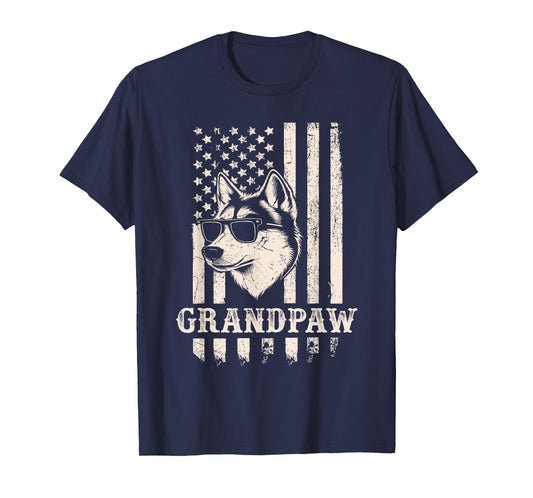Grandpaw Husky American Flag Sunglasses Retro Dog Grandpa T-Shirt