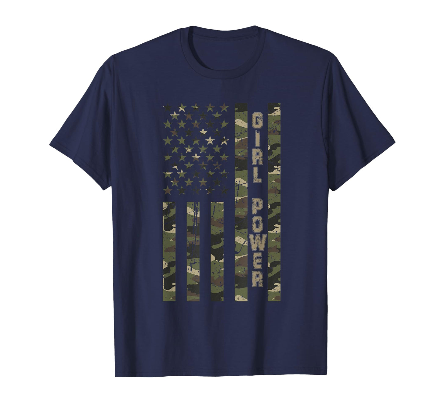 Girl Power United States Distressed Camo w US Flag T-Shirt