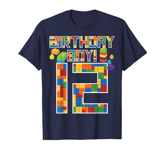 Cute 12th Birthday Gift 12 Years Old Block Building Boy Kid T-Shirt