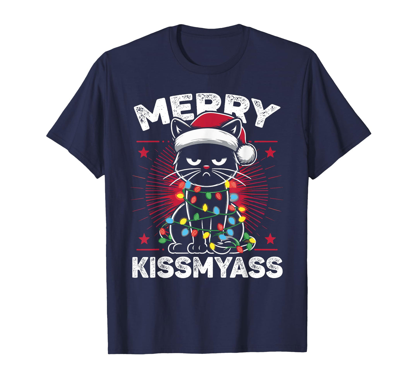 Merry Kissmyass Funny Cat Christmas Lights Christmas Cat T-Shirt