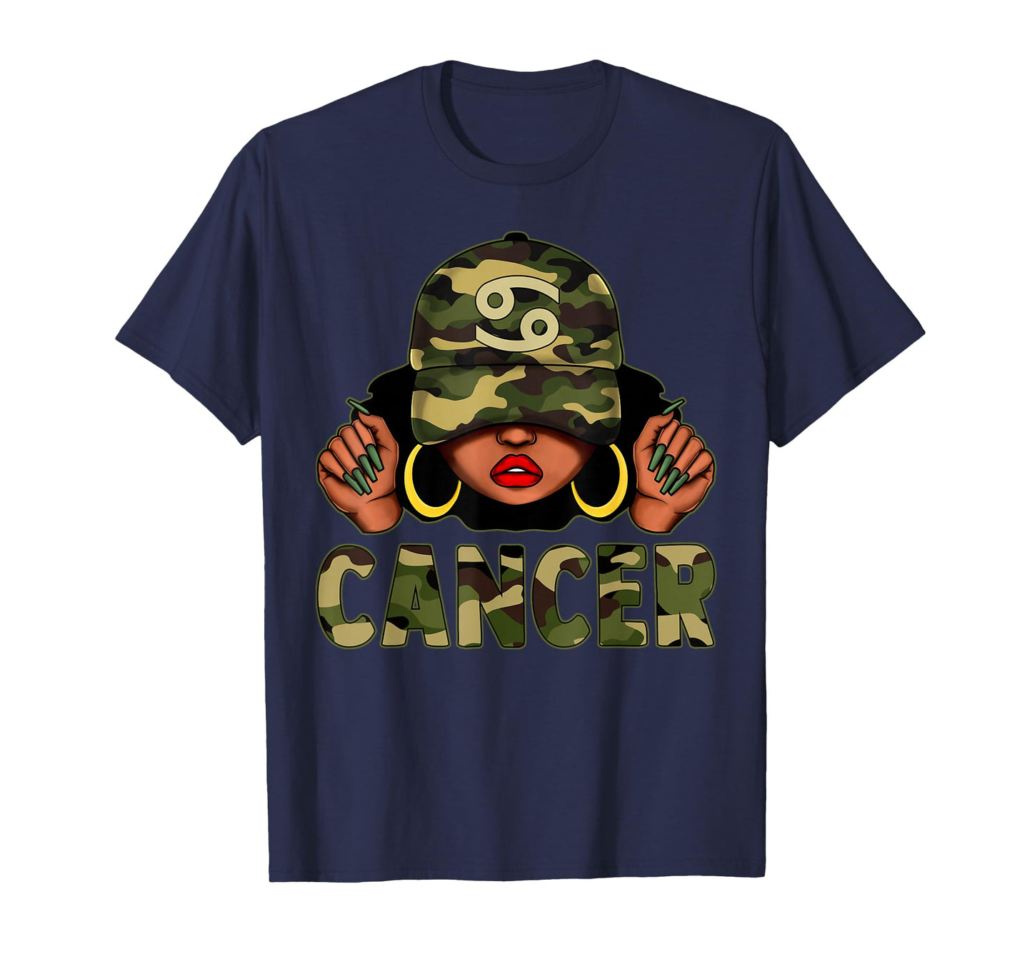 Cancer Queen Black Woman with Cap Camo Afro Girl Zodiac T-Shirt