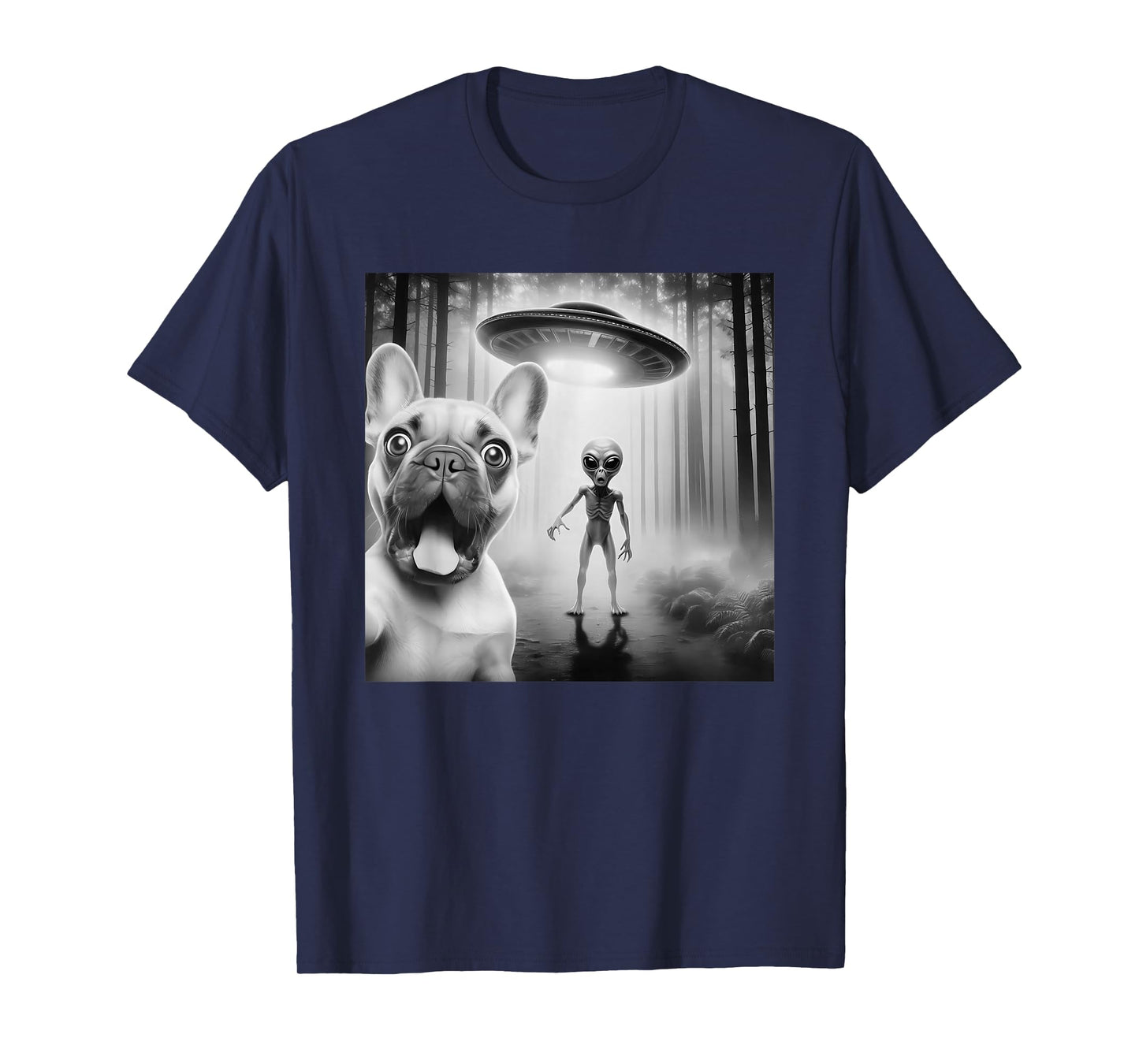 Funny French Bulldog Surprised Selfie with Alien UFO T-Shirt