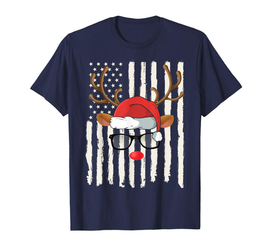 Cute Reindeer Santa Hat Glasses American Flag Christmas T-Shirt