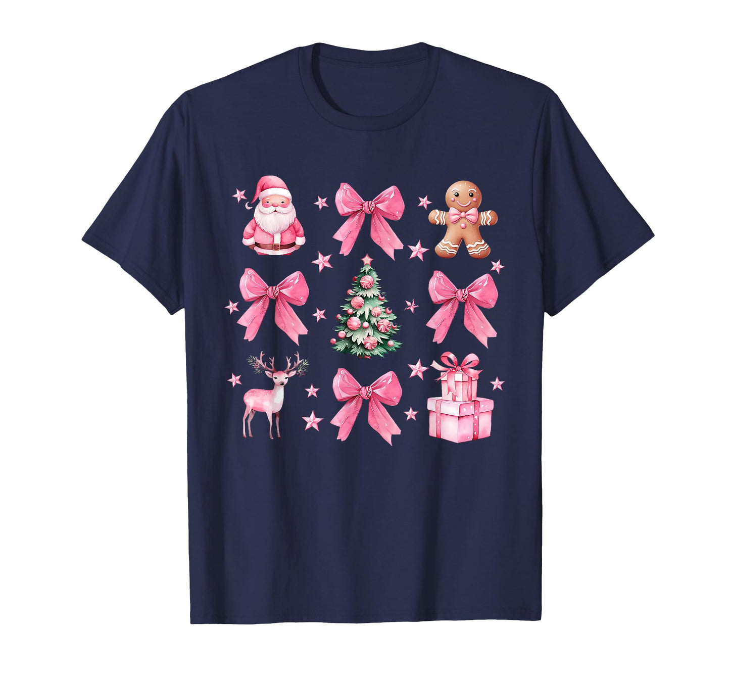 Cute Coquette Bow Pink Christmas Tree Santa Gingerbread Xmas T-Shirt
