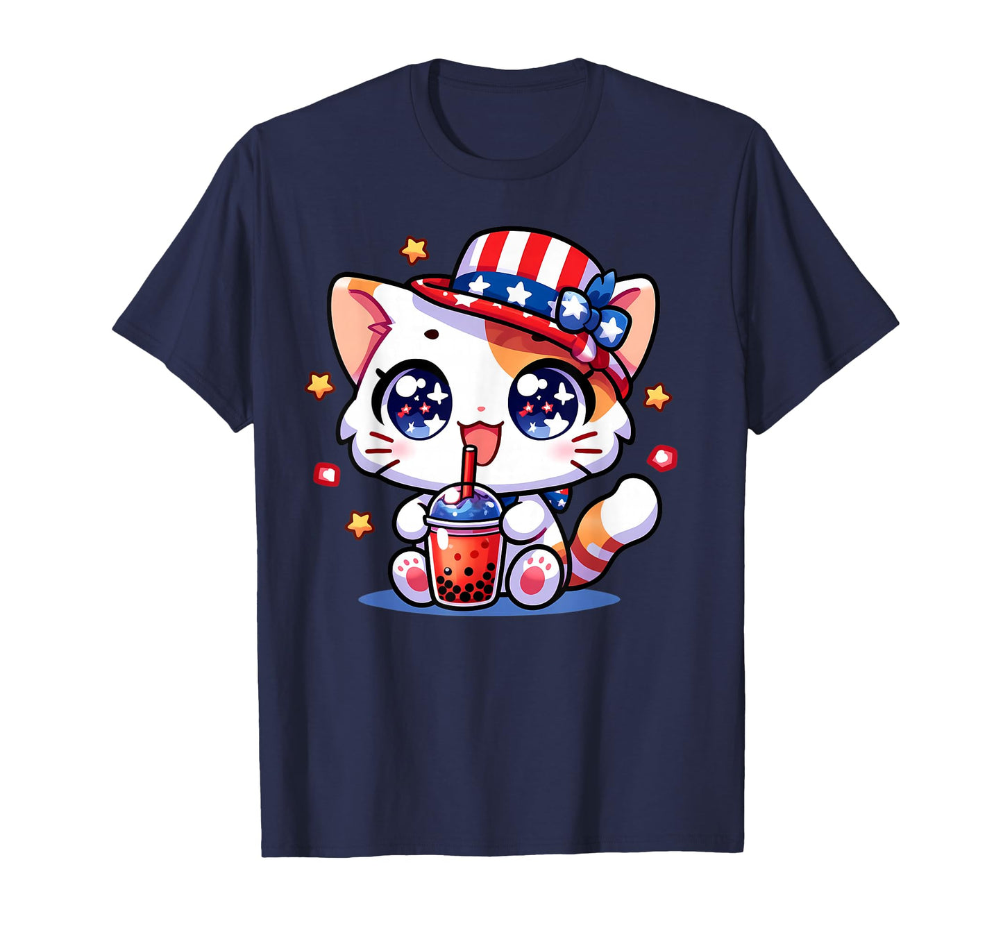 Cute 4th of July Cat Shirt Girls Kids Kawaii Anime Boba Tea T-Shirt