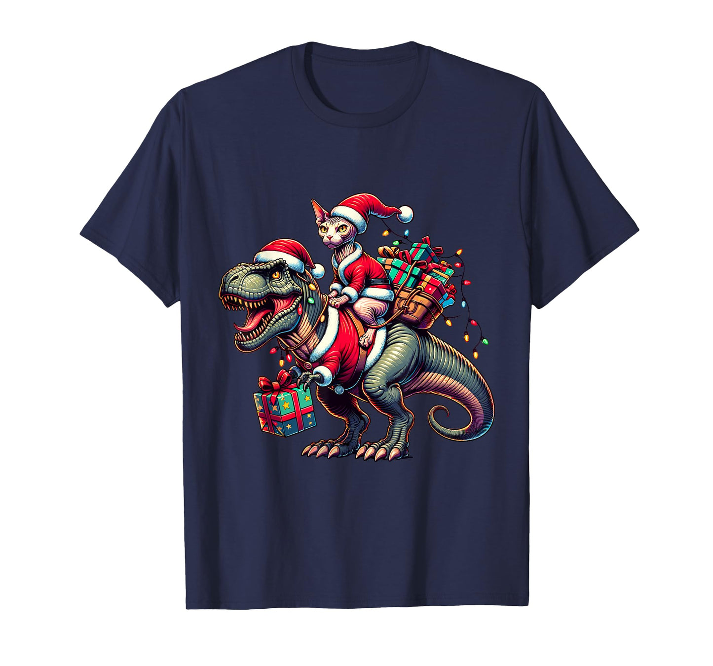 Adorable Sphynx Cat Rides Christmas T-Rex Santa for Sphynx T-Shirt