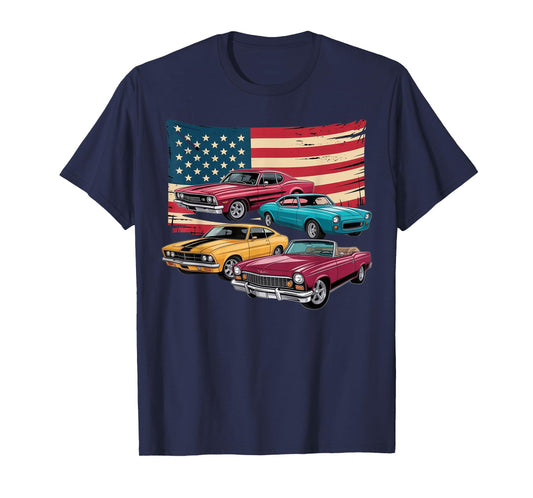 Patriotic American Flag Vintage Muscle Car T-Shirt