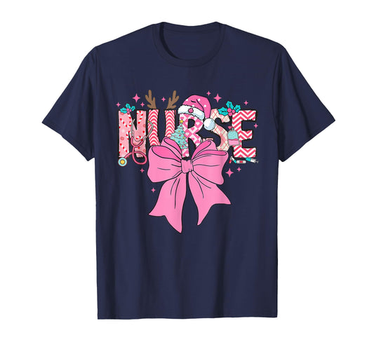 Coquette Nurse Christmas Nursing Pink Tone Bow Xmas Plaid T-Shirt
