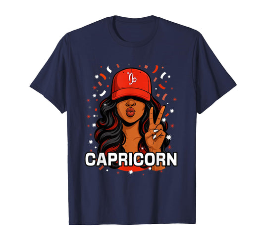 Capricorn Black Woman Red Hat Symbol Birthday Zodiac T-Shirt