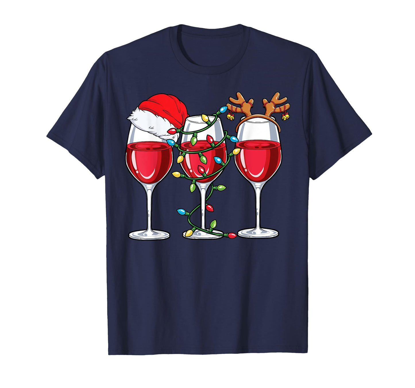 Wine Christmas Santa Hat Xmas Lights Reindeer Antlers Women T-Shirt