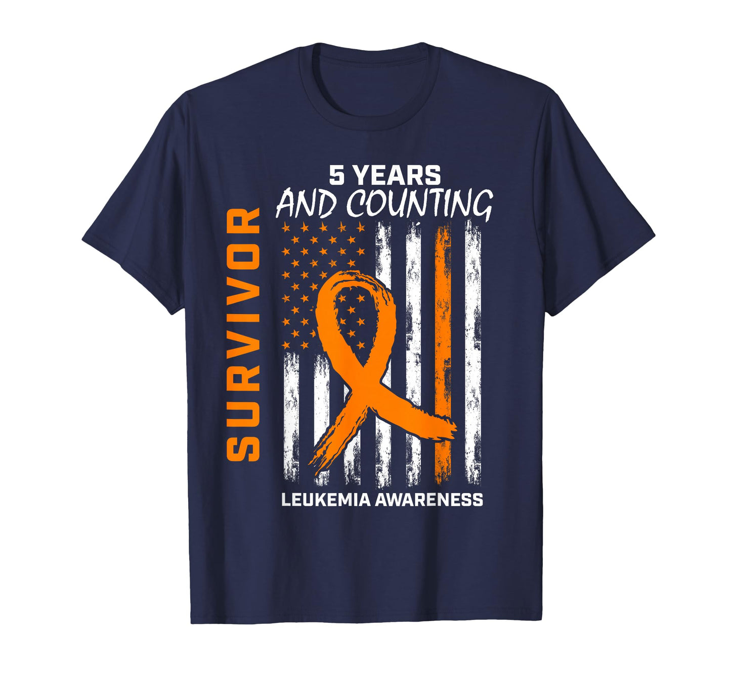 5 Years Cancer Free Orange Leukemia Survivor American Flag Women Kids Men T-Shirt