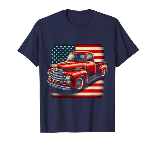 Classic Old Pickup Truck 4th of July Patriotic American Flag T-Shirt
