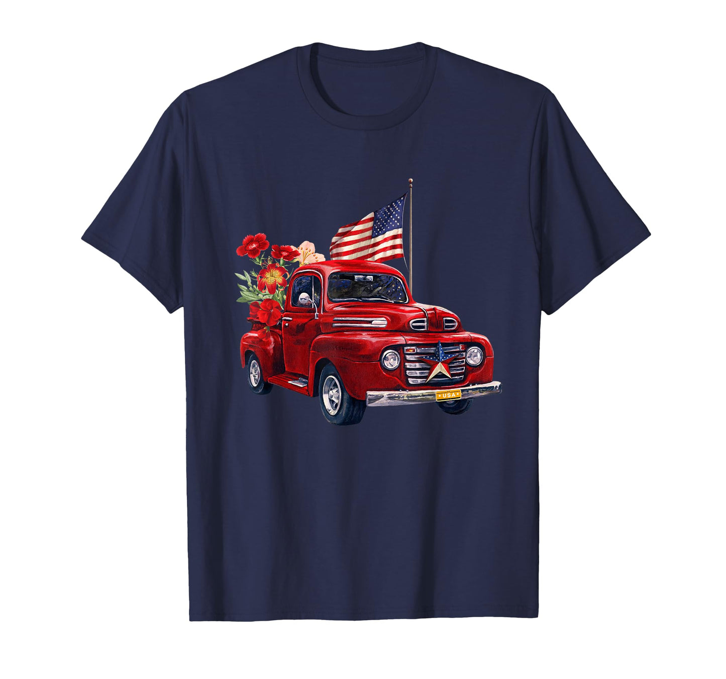 Red Truck With Flowers American Flag Happy 4th Of July Women Men T-Shirt