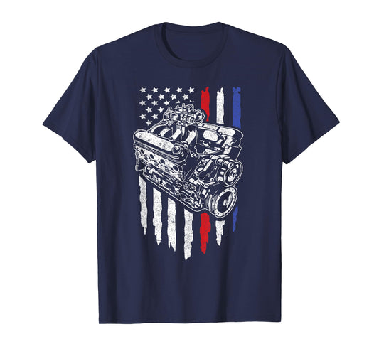 American Flag Muscle Car Motor Hot Rod Engine Racing T-Shirt
