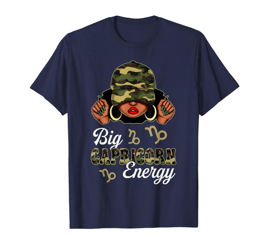 Big Capricorn Energy Black Woman Camouflage Zodiac Sign T-Shirt
