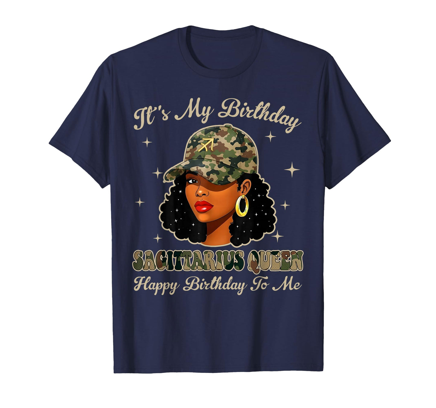 Sagittarius Queen Black Woman with Cap Camo Afro Girl Zodiac T-Shirt