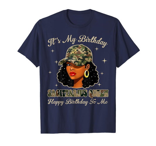 Sagittarius Queen Black Woman with Cap Camo Afro Girl Zodiac T-Shirt