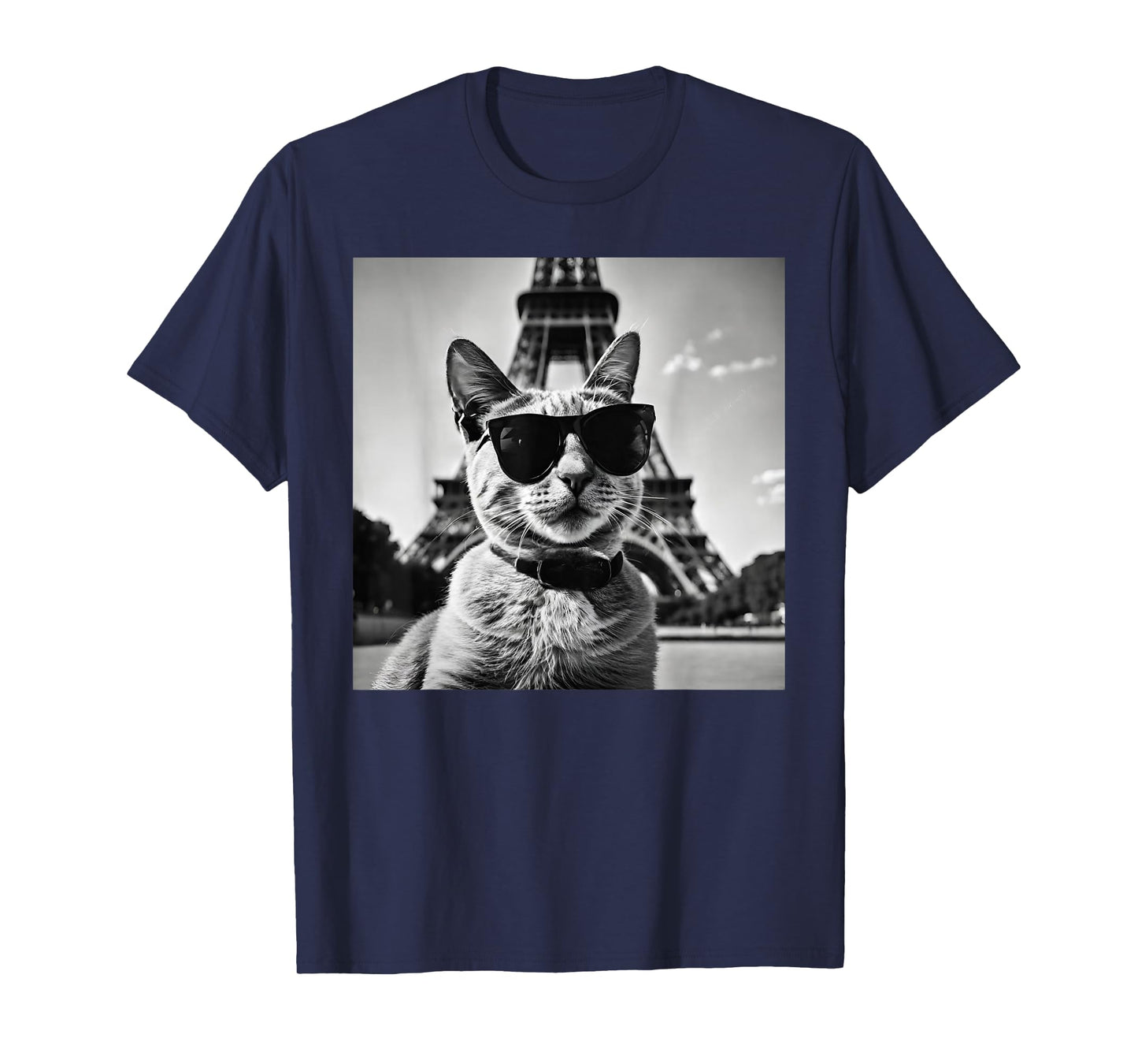 Funny French Cat Wearing Sunglasses and Paris Eiffel Tower T-Shirt