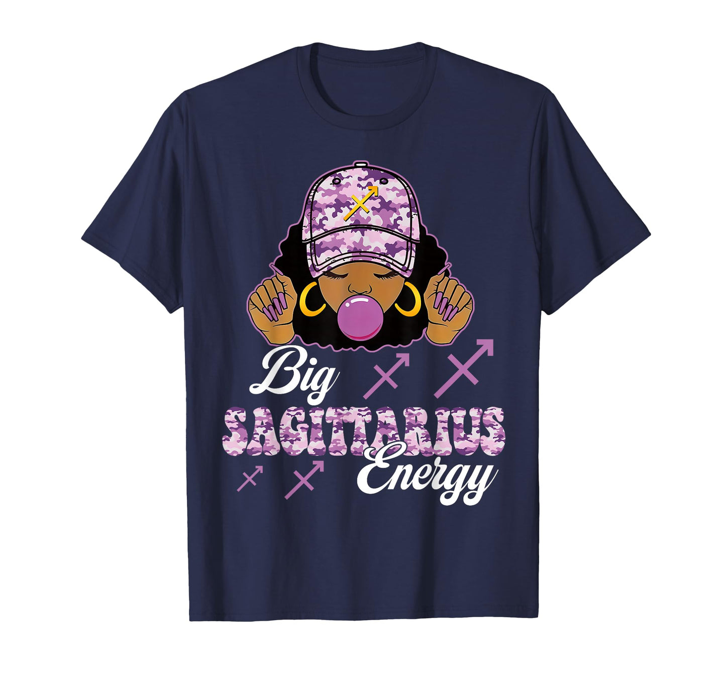 Big Sagittarius Energy Afro Girl with Purple Camouflaged Cap T-Shirt