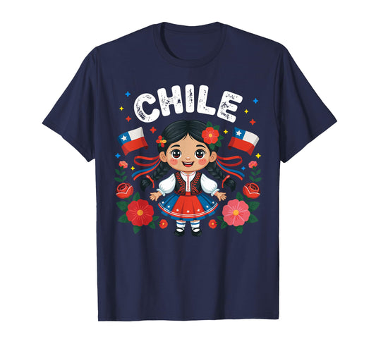 Chile Girl Traditional Dress with Flags and Flowers for Kids T-Shirt