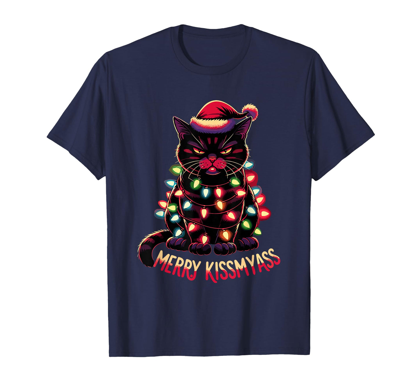 Merry Kissmyass Funny Black Cat Christmas Lights Santa Hat T-Shirt