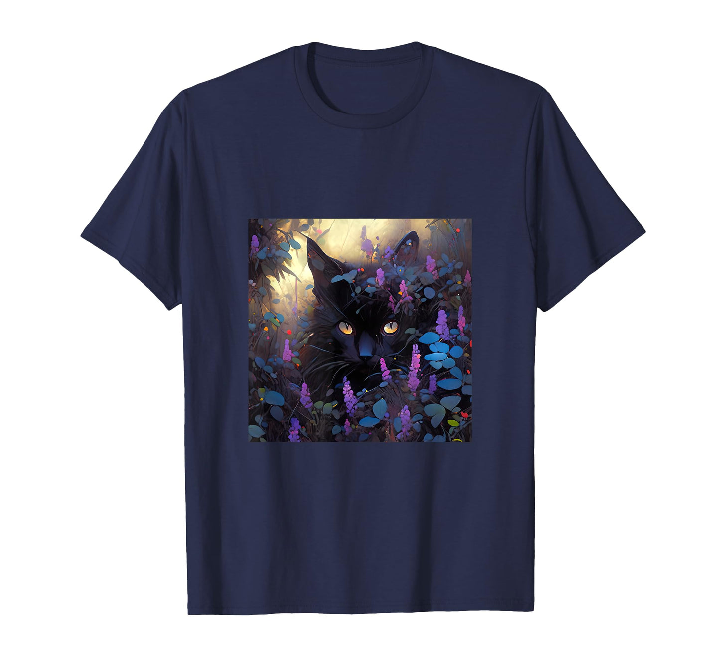 Black Adorable Cat Purple Spring Flowers T-Shirt for Men Women