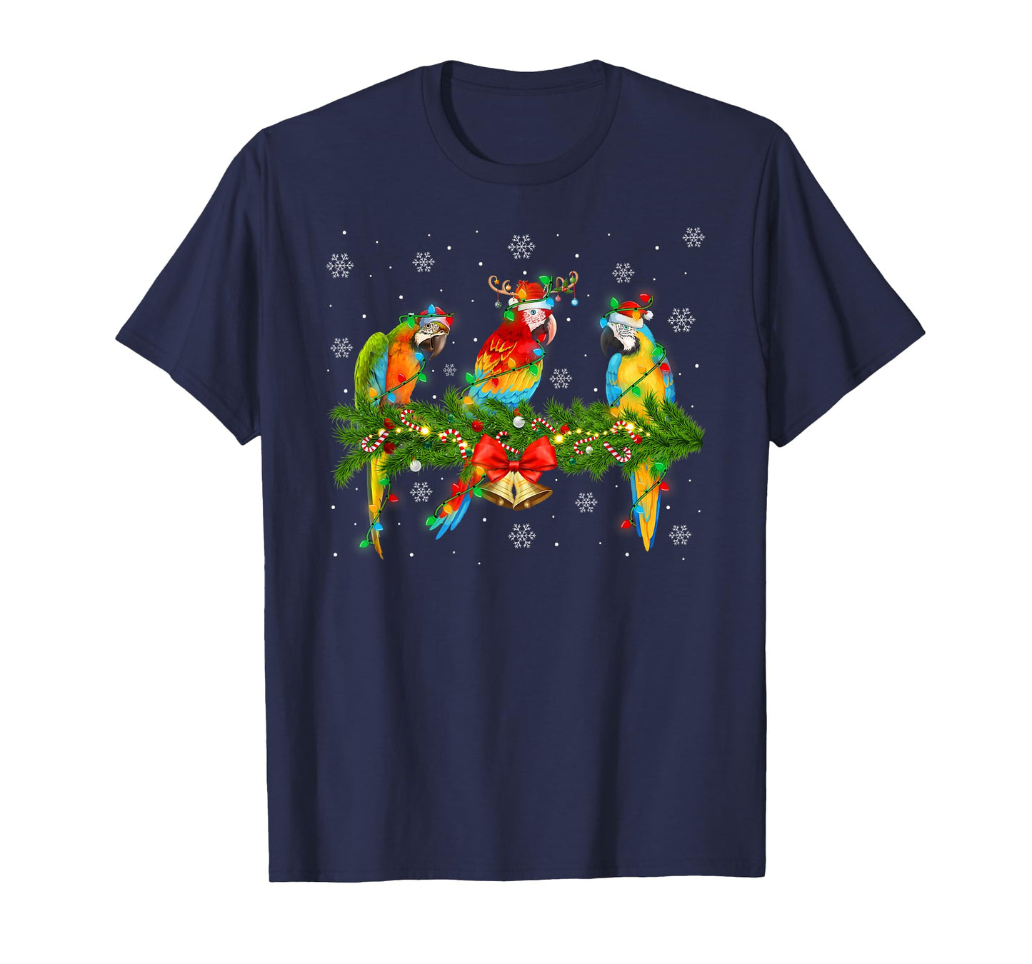 Colorful Macaw Parrots Christmas Lights Tropical Bird Xmas T-Shirt