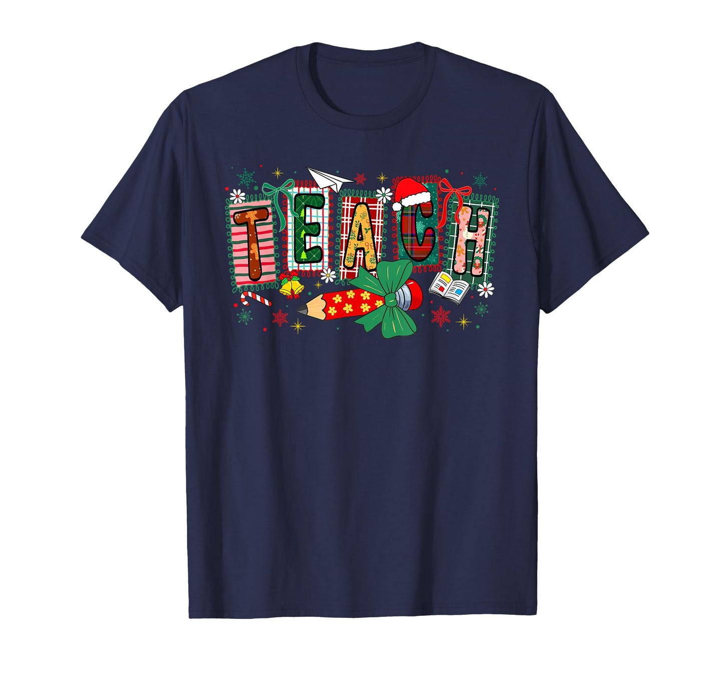 Preppy Teach Merry Christmas Pencil Coquette Bow Teacher T-Shirt