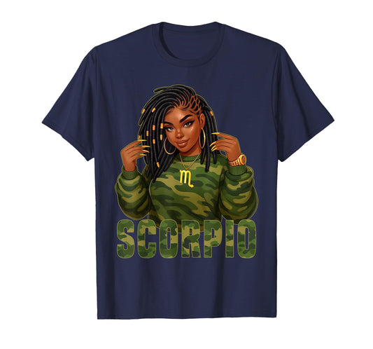 Scorpio Queen Loc'd Black Woman Camo Zodiac Sign T-Shirt