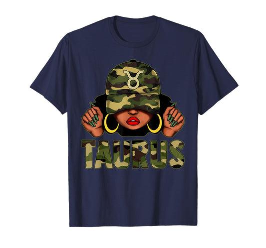 Taurus Queen Black Woman with Cap Camo Afro Girl Zodiac T-Shirt