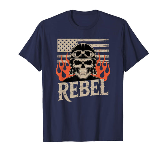 Biker Skull Vintage Art with Flames and American Flag T-Shirt